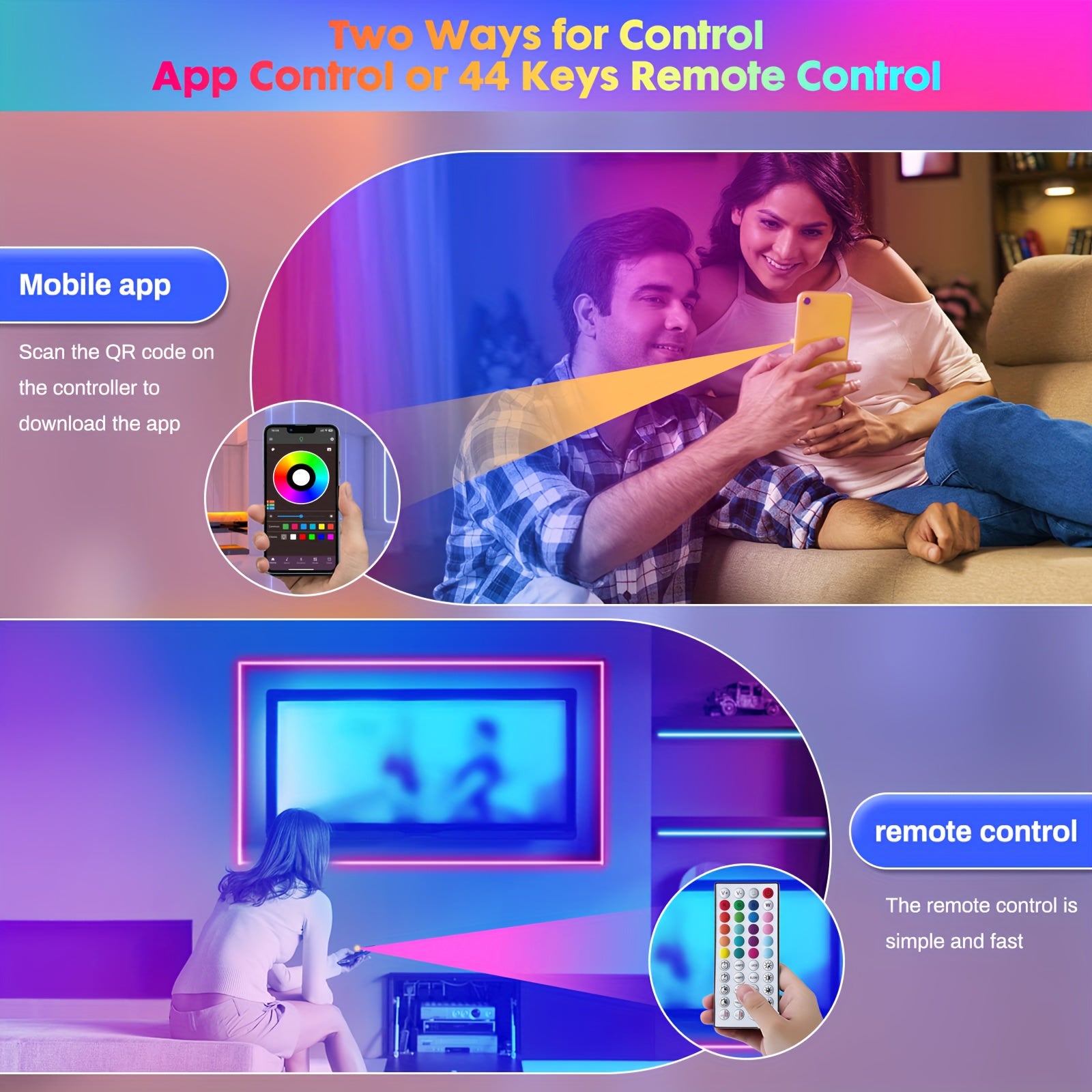 LED Strip Lights 4.88-30.48m with Remote App Control Dimmable Color Changing Music Sync