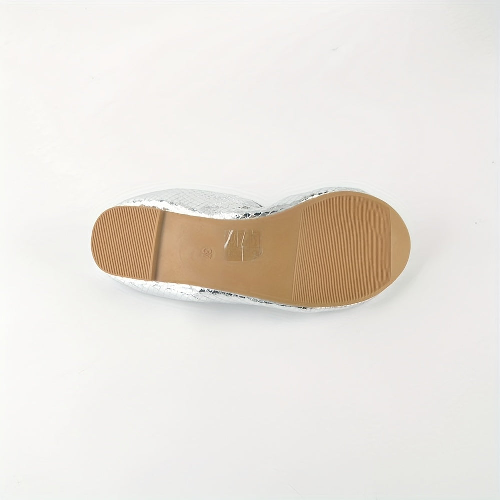 Women's Black Slip-On Ballet Flats with Bow, Round Toe, Ankle Strap