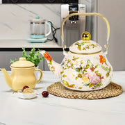Vintage Enamel Tea Kettle with Gold-Plated Steel Handle 1100W Non-Electric Water Boiler