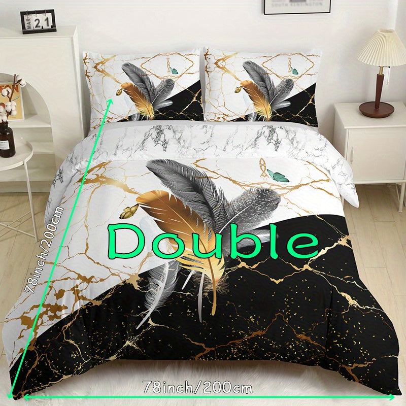 Duvet Cover Set with Marble Feather Print Soft Bedding for Bedroom and Guest Room