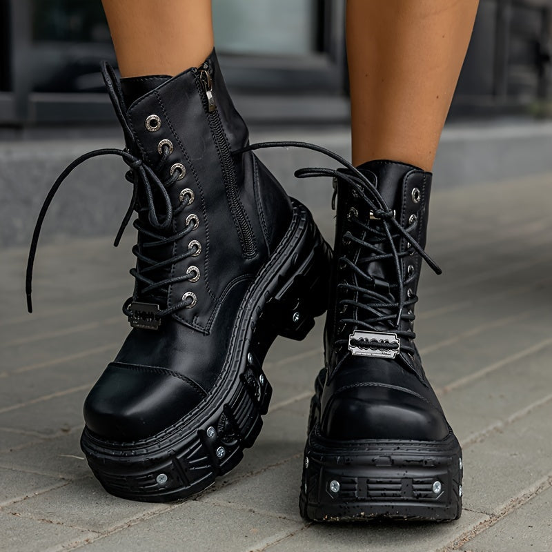 Women's Leather Ankle Boots Lace Up High Heel Platform Mid-Calf Boots Black