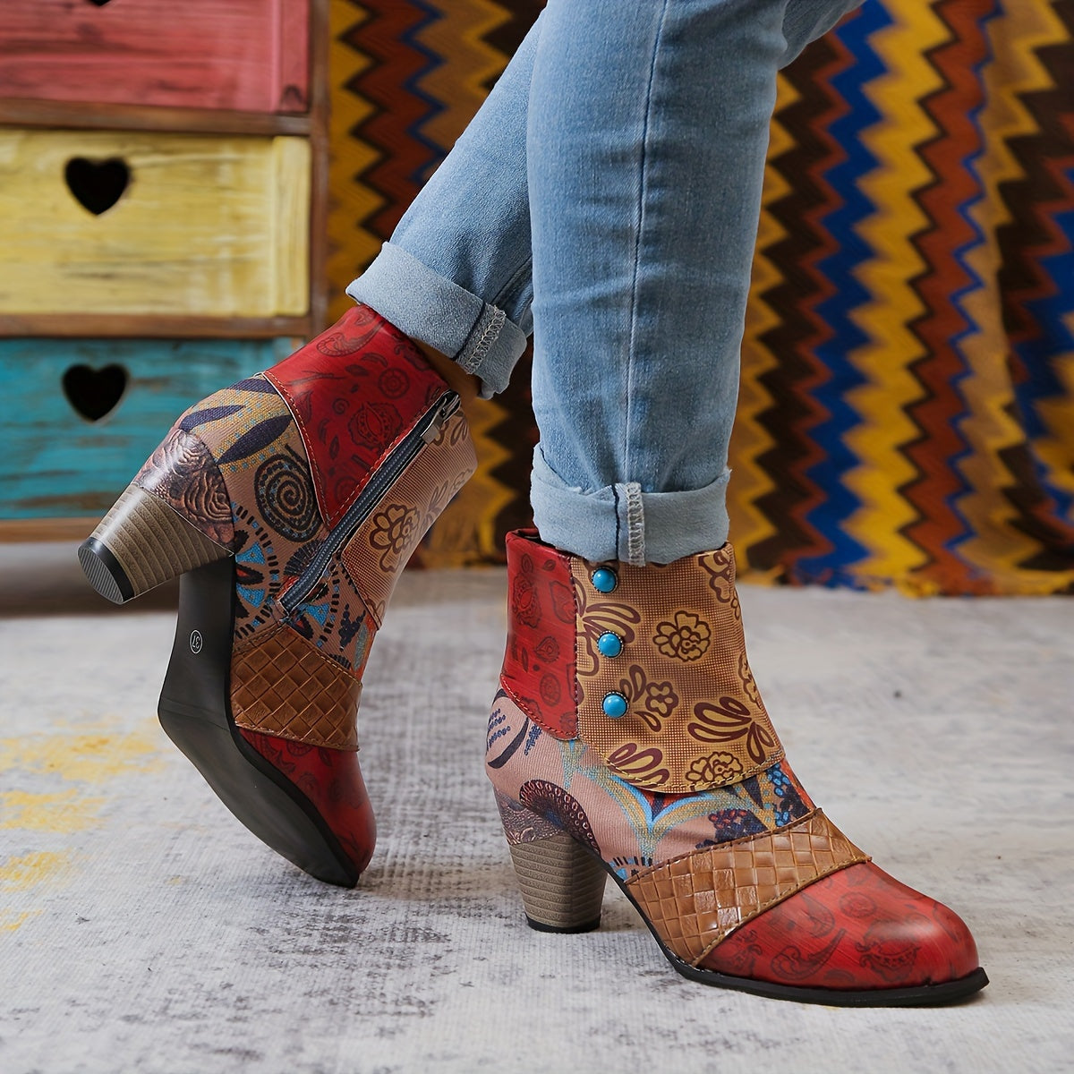 Women Bohemian Ankle Boots Fabric Insole Block Heel with Floral Patterns