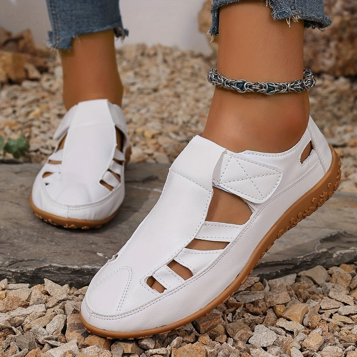 Women's Flat Sandals Casual Open-Toe Roman Slides Black Rubber Sole