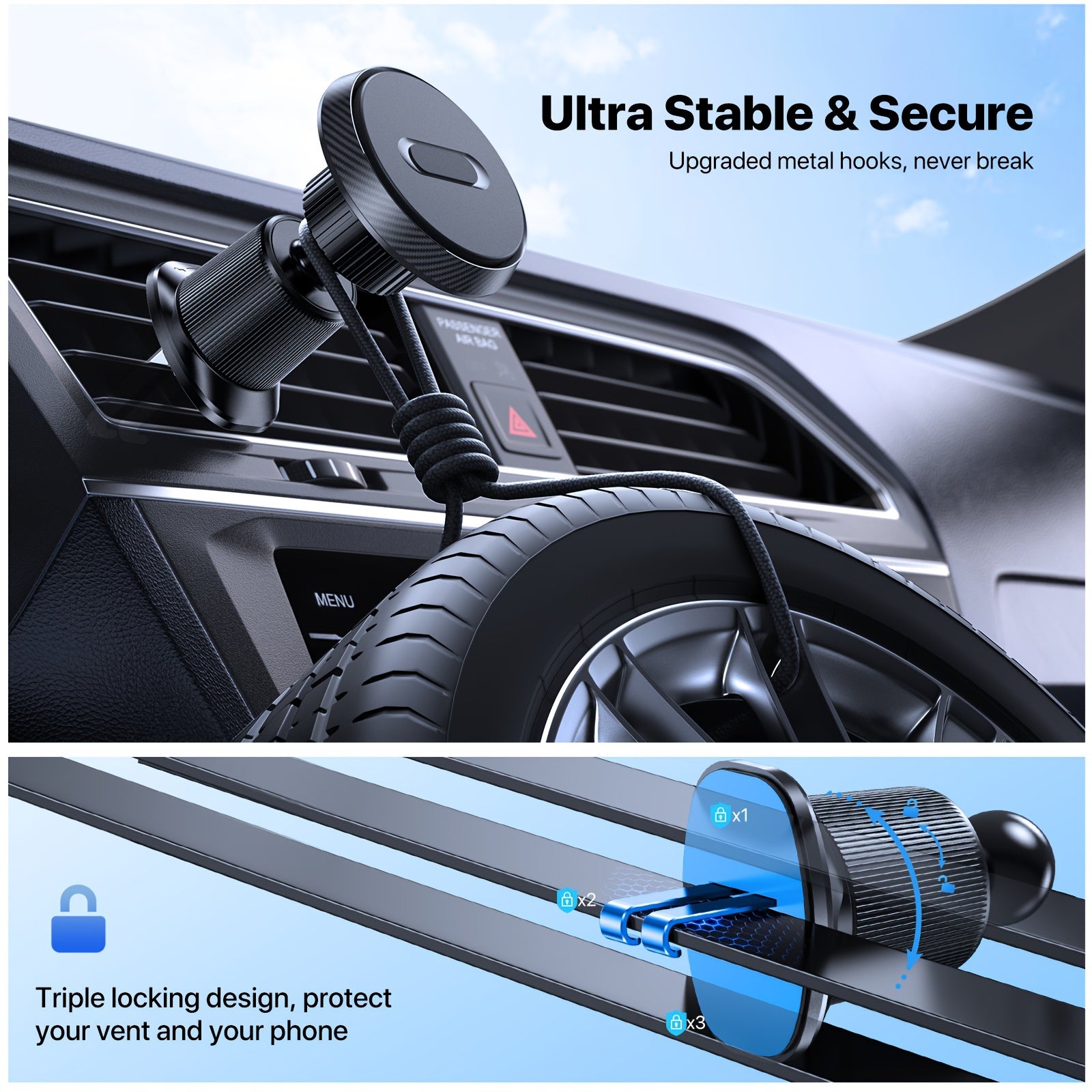 Магнитный автомобильный держатель для вентиляции с двойным крюком, надежный держатель для телефона, вращение на 360°