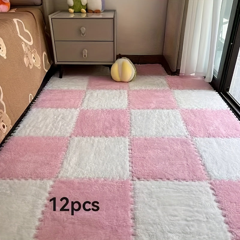 12pcs Square Flower Pattern Plush Area Rugs Set Washable Non-Slip Low Pile Polyester EVA Bedroom Living Room Decor