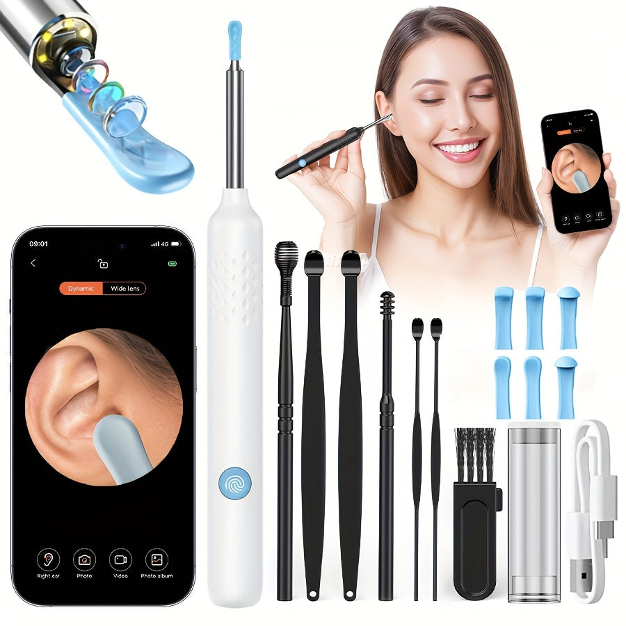 Vizual quloq tozalash to'plami 7 vosita, 6 almashtiriladigan bosh, 1080P kamera, quloq yo'lida ko'rinadigan sochlar, zaryadlanadigan qosh, ideal quloq tozalash sovg'asi.