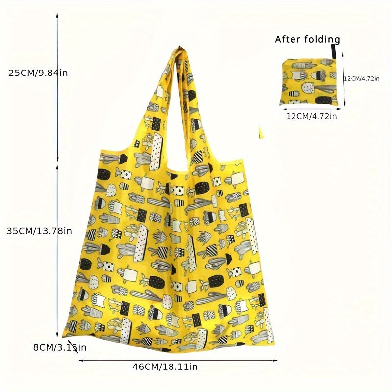 Lightweight Washable Grocery Tote Bag with Cartoon Cactus Design, Large Capacity