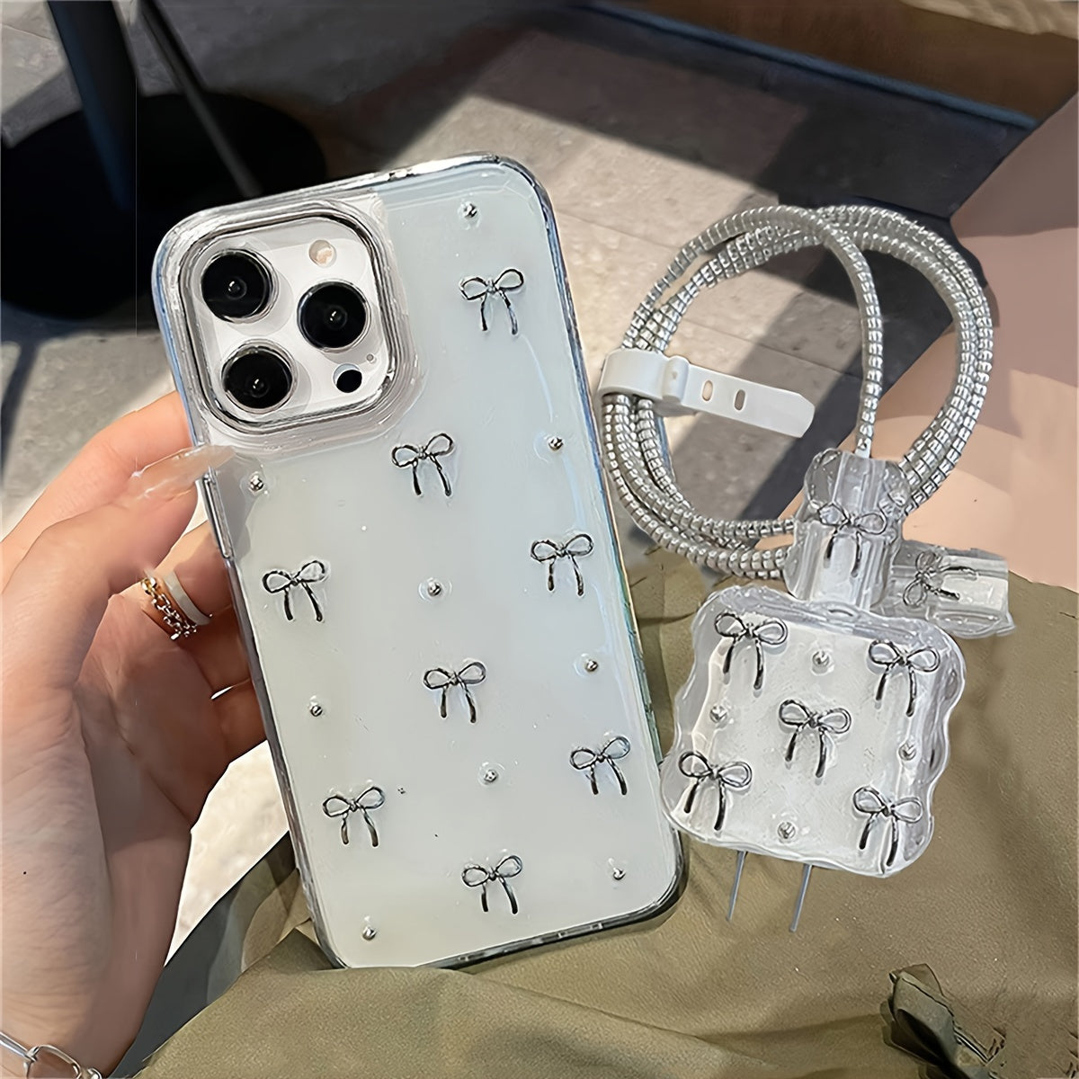 Luxury Bowknot Epoxy Phone Case and Charger Cover for iPhone 11-16 Pro Max Soft Back