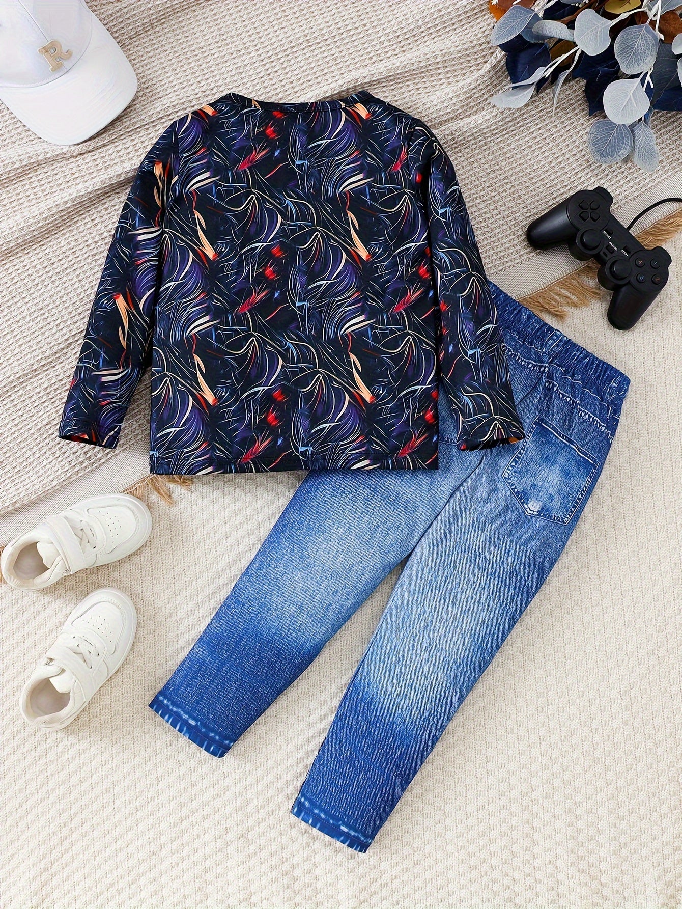 Boys' Lion Print Long Sleeve Top and Faux Denim Pants Set Fall Winter Casual Stretch Fabric