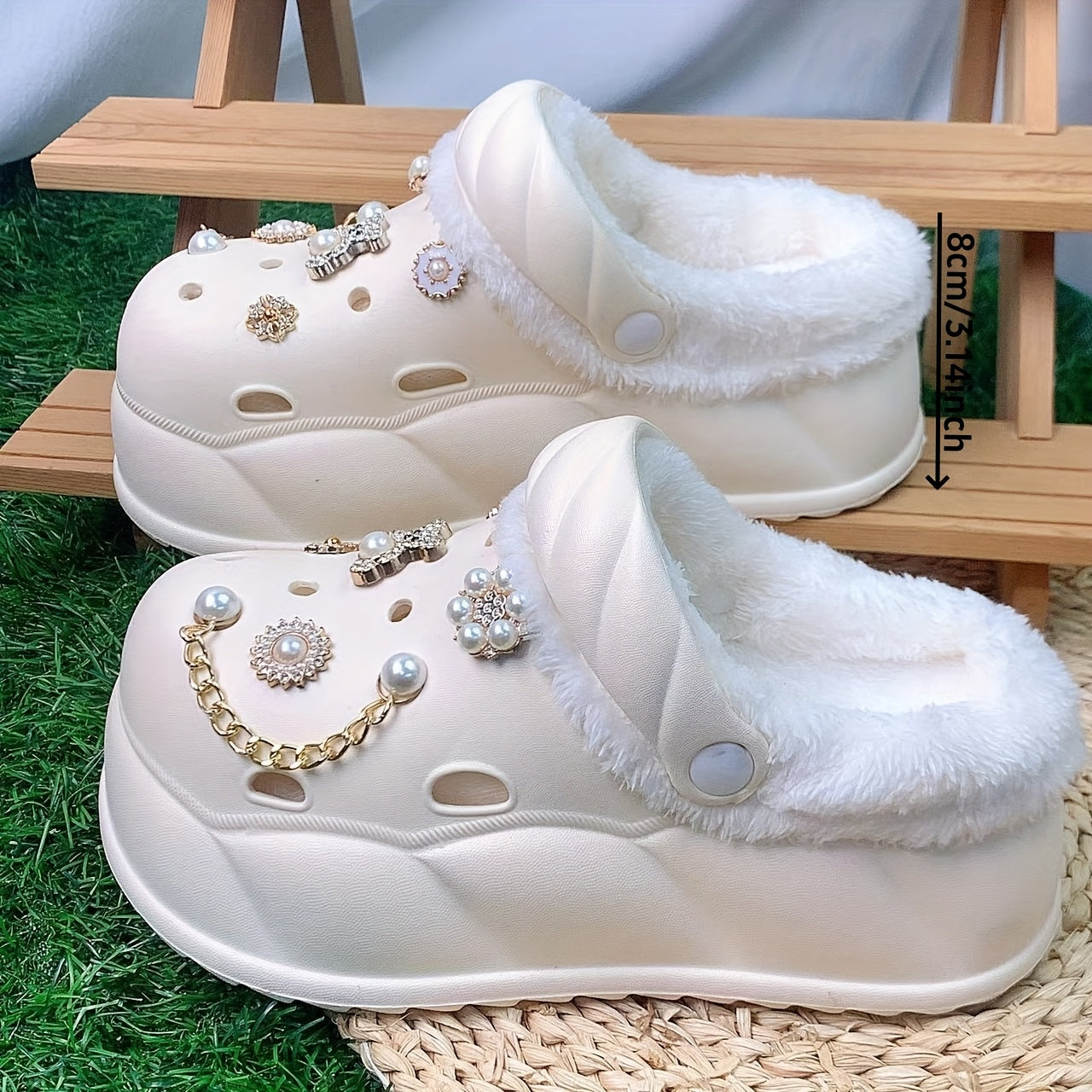 Women's Faux Fur-Lined EVA Slippers with Gold Bear and Floral Charms