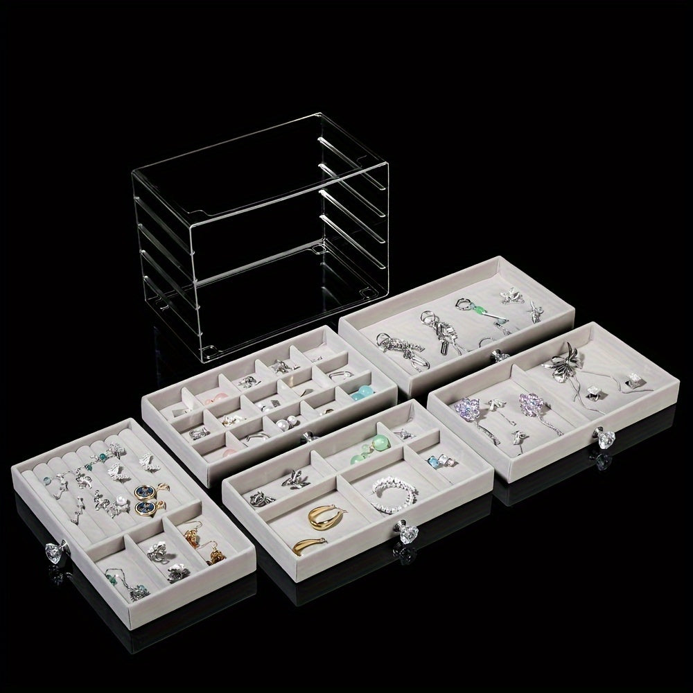 Caja de joyería de cinco capas con cajones para anillos, pendientes, pulseras y relojes. Almacenamiento de plástico con interior de tela