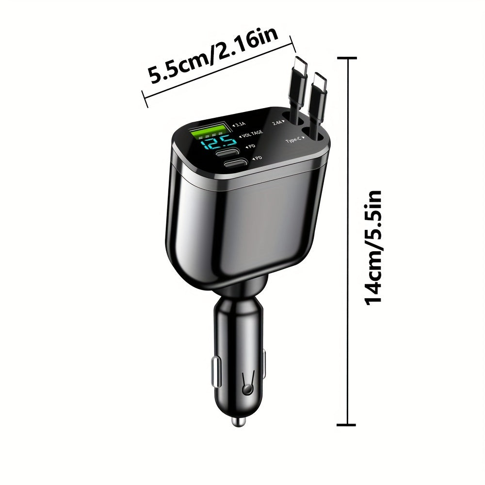 Cargador de coche de carga rápida 4 en 1 con cable retráctil y doble puerto PD