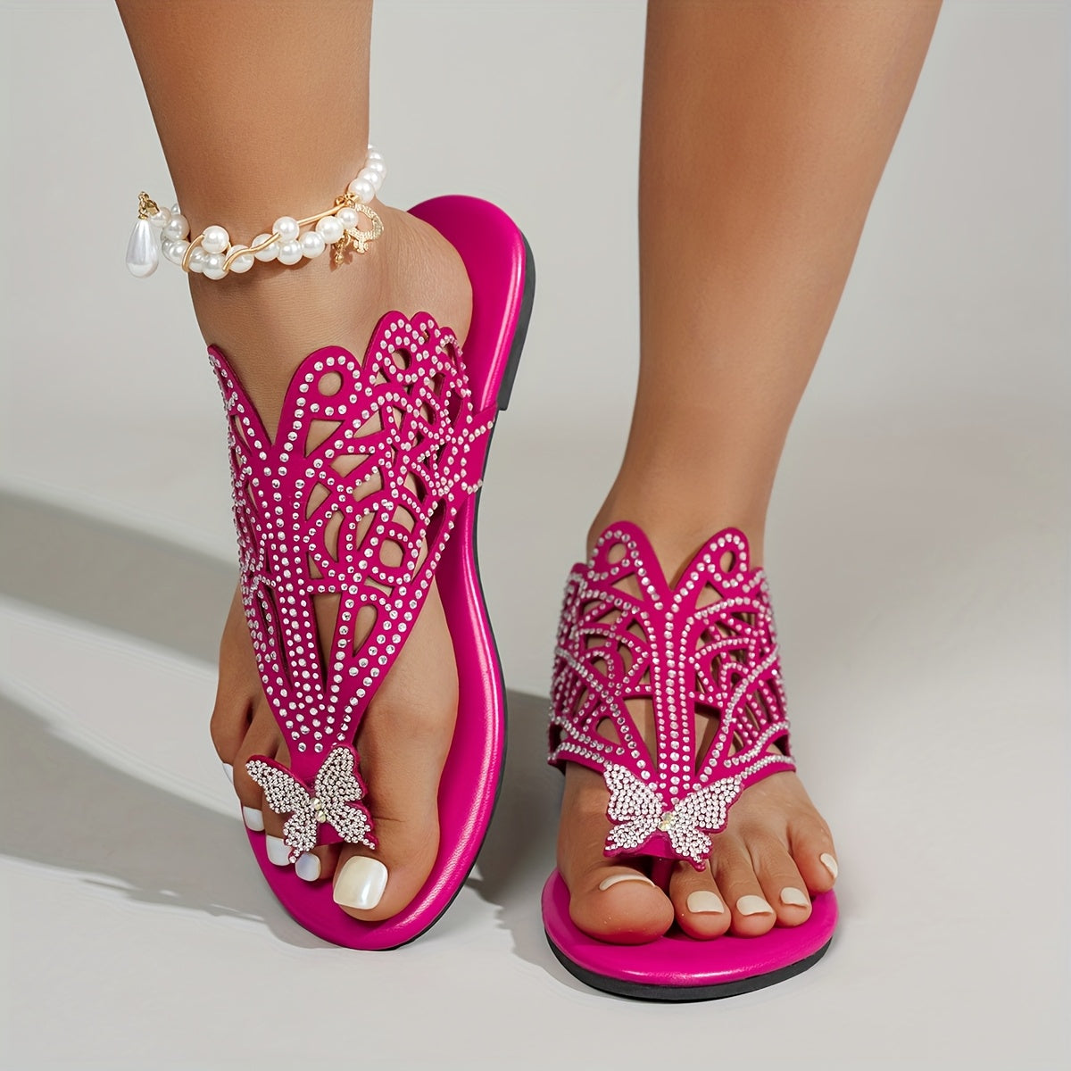 Women's Ethnic Style Butterfly Embellished Square-Pattern Slip-On Sandals with Cushioned Sole