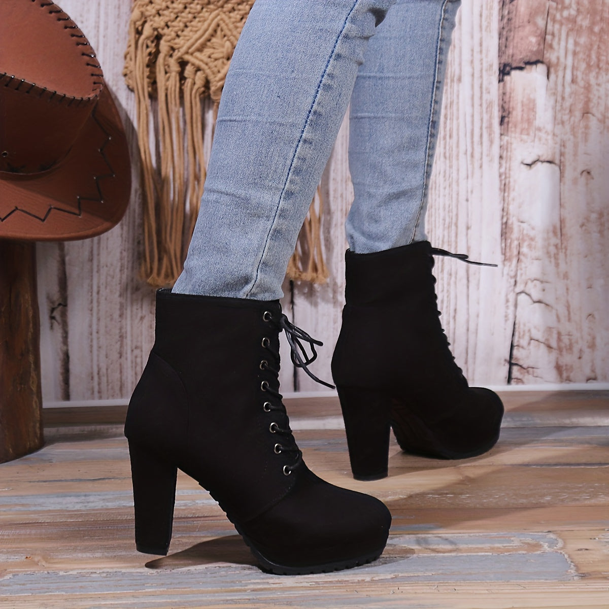 Women’s Combat Boots Fabric Lace-Up Chunky Heel Platform All-Season