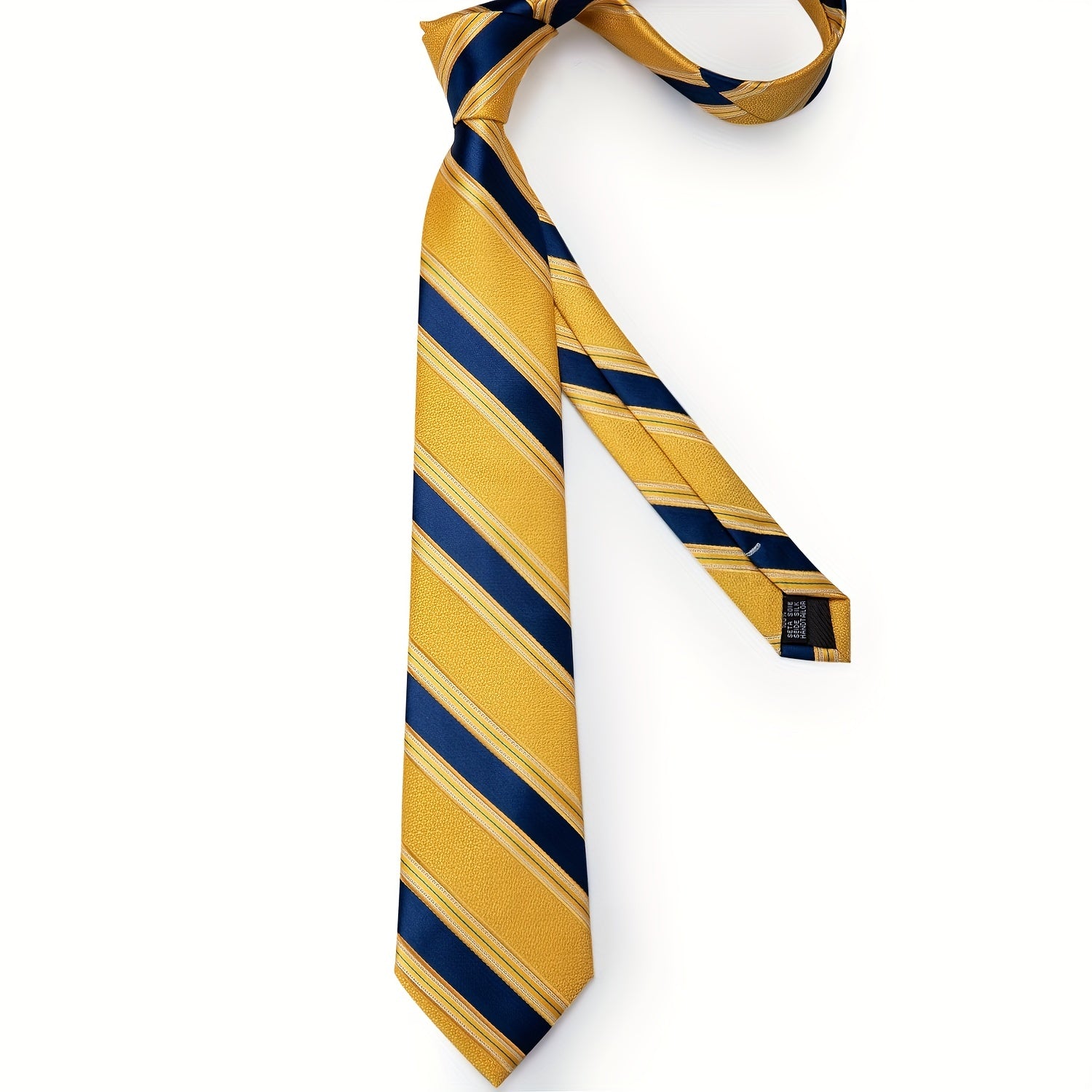 Men's Blue and Yellow Striped Tie Set with Cufflinks and Handkerchief for Business and Gift