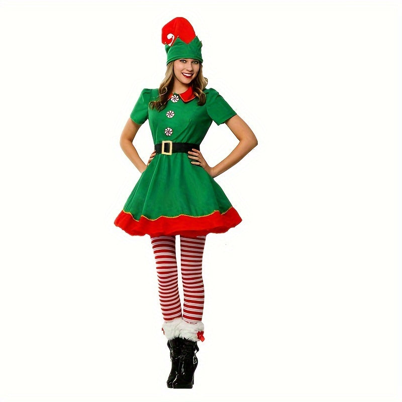 Women's Christmas Elf Costume Set Includes Dress Hat Socks Belt Holiday Party Wear