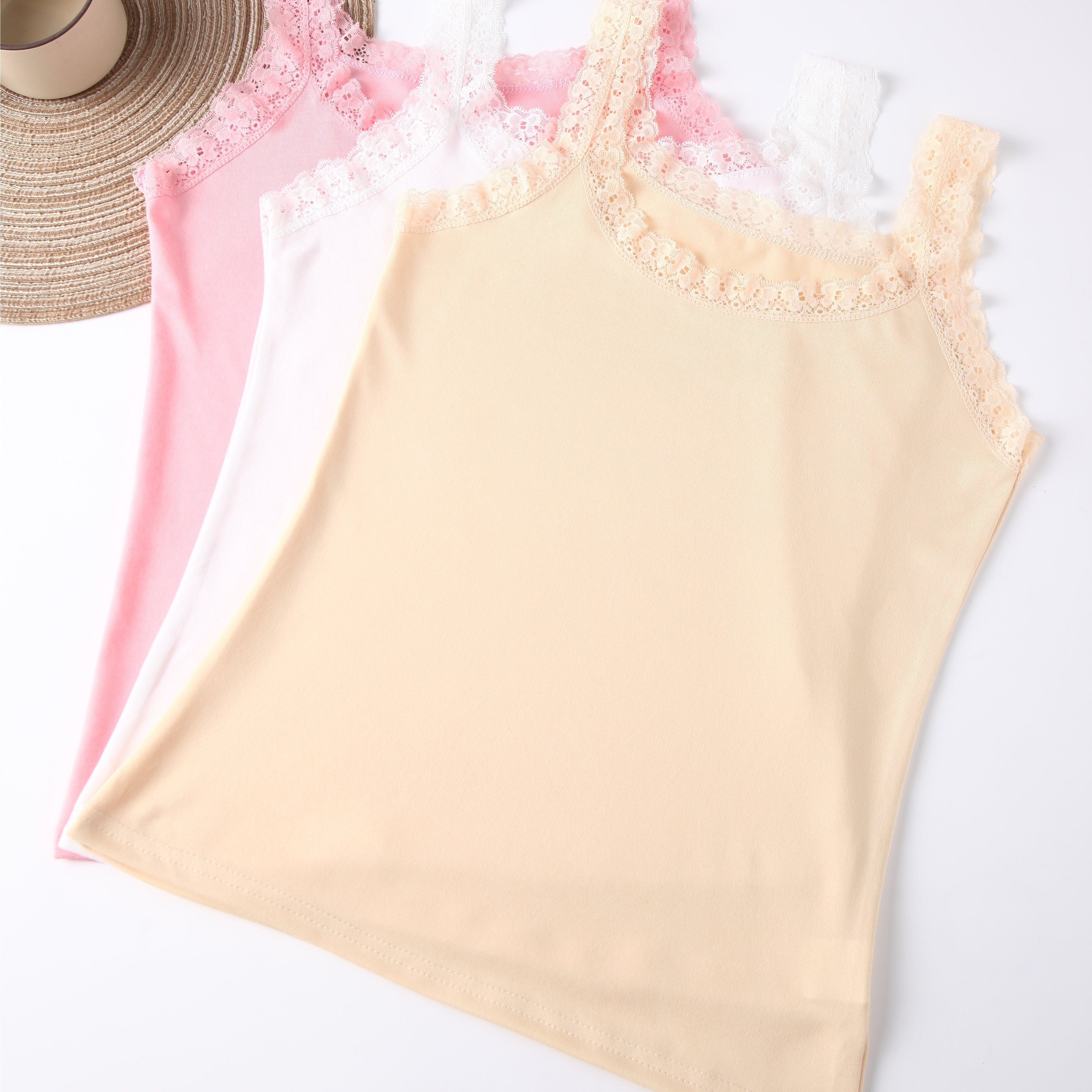 Women's Solid Color Lace Trim Tank Top Set 3 Pieces Underwear Lingerie