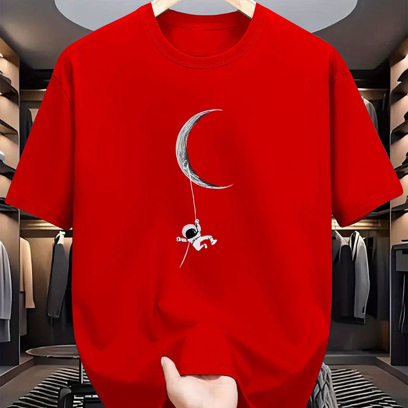 Men's Polyester Crew Neck T-Shirt with Astronaut and Moon Graphic for Summer Casual Fit