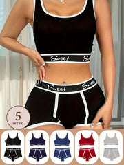 Women's Sporty Lingerie Set with Tank Bra and Color Block Letter Print