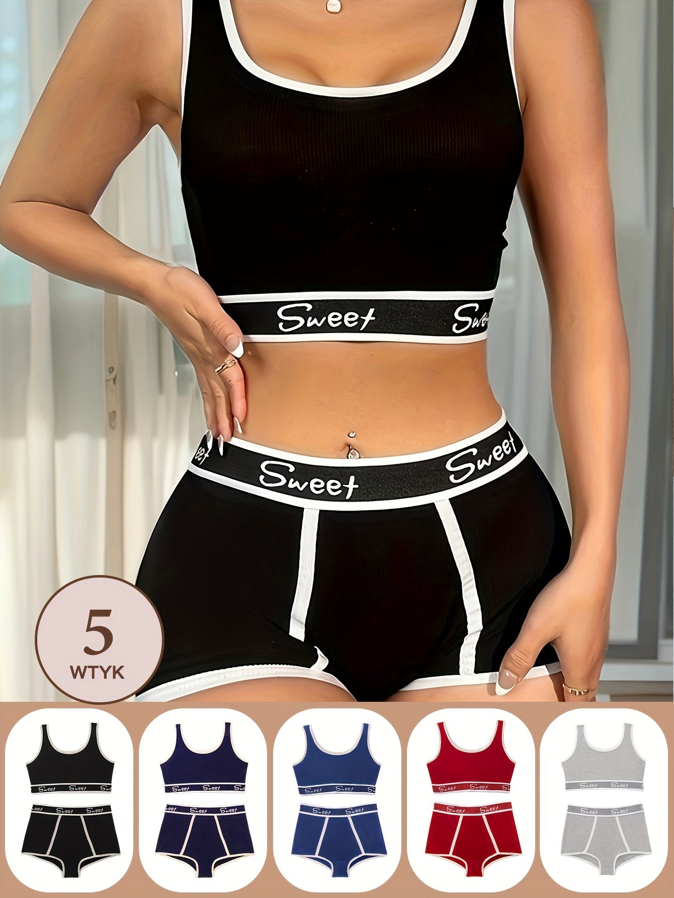 Women's Sporty Lingerie Set with Tank Bra and Color Block Letter Print