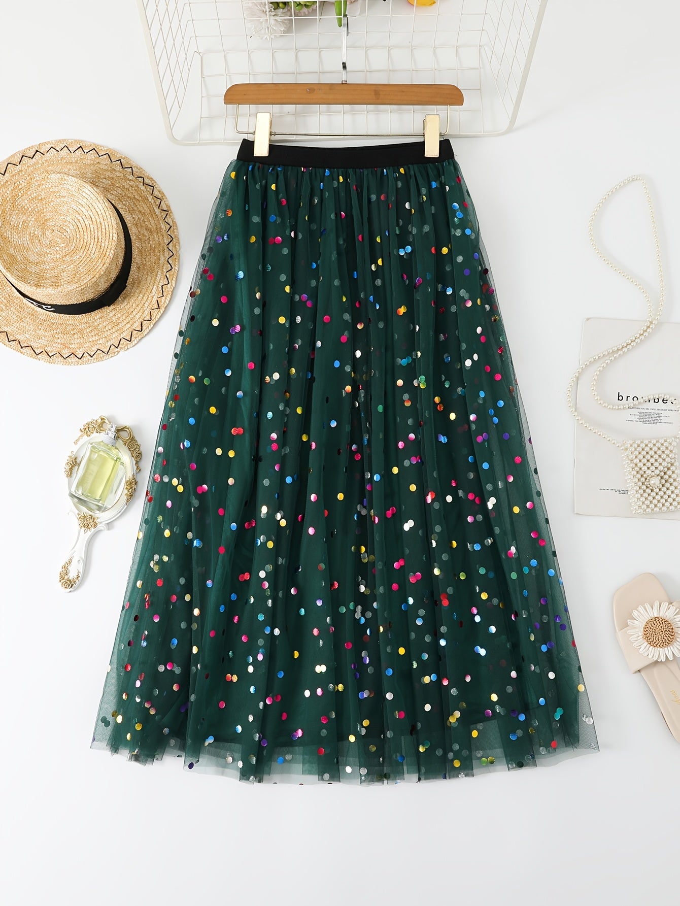 Women's Pleated Knit Skirt with Contrast Mesh Polyester Spring Summer Fall