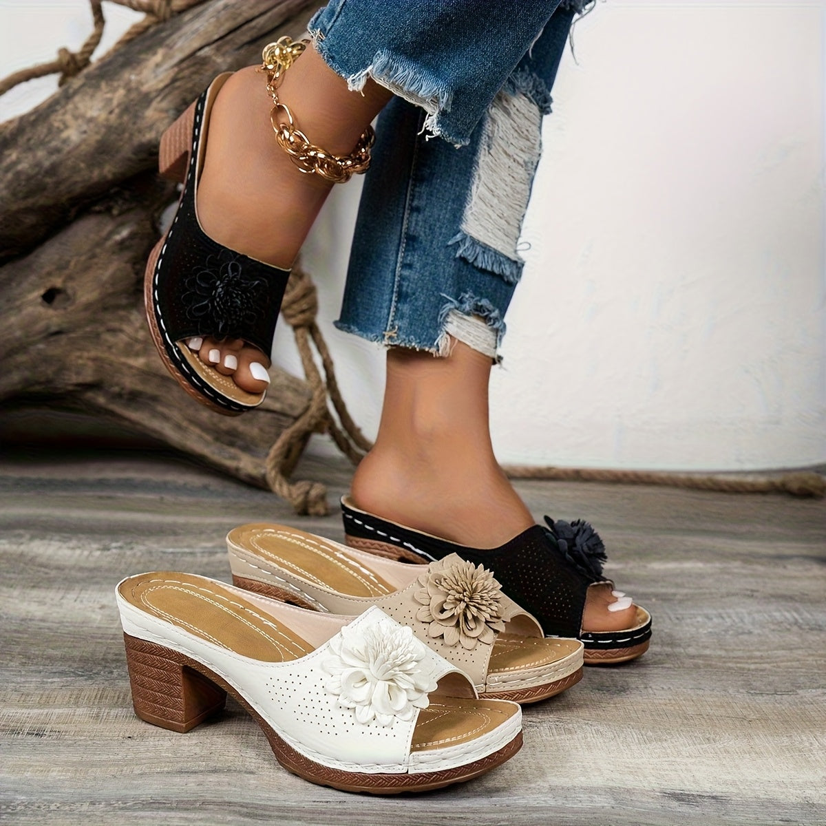 Women's Beige White Floral Open-Toe High Heel Sandals Summer Wedding Casual