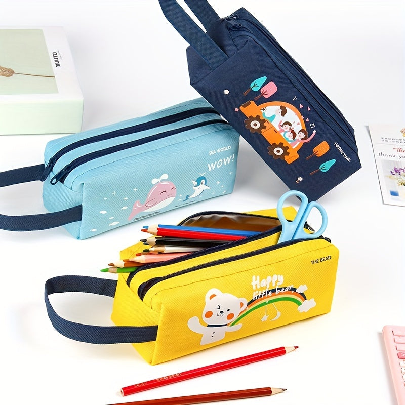 Space Astronaut Cartoon Animal Canvas Double-Layer Pencil Case for School Supplies