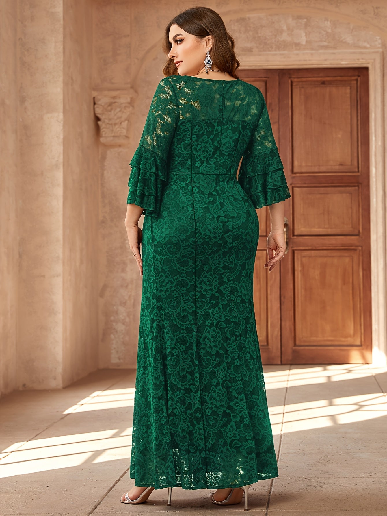 Plus Size Women’s Elegant V-Neck Long Evening Gown with Bell Sleeves