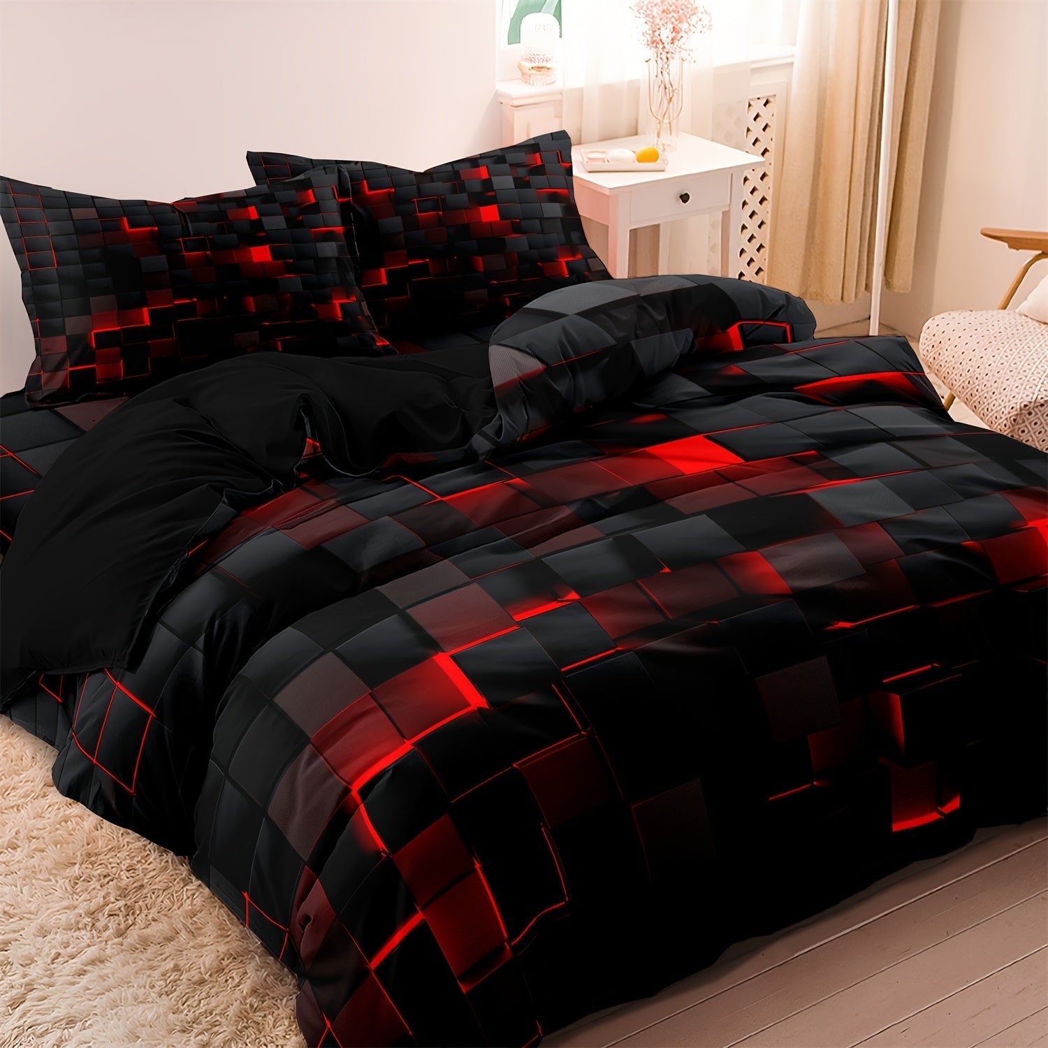 Conjunto de funda nórdica con patchwork en rojo y negro con fundas de almohada, hipoalergénico, poliéster, lavable a máquina, individual, doble, reina, tamaño king