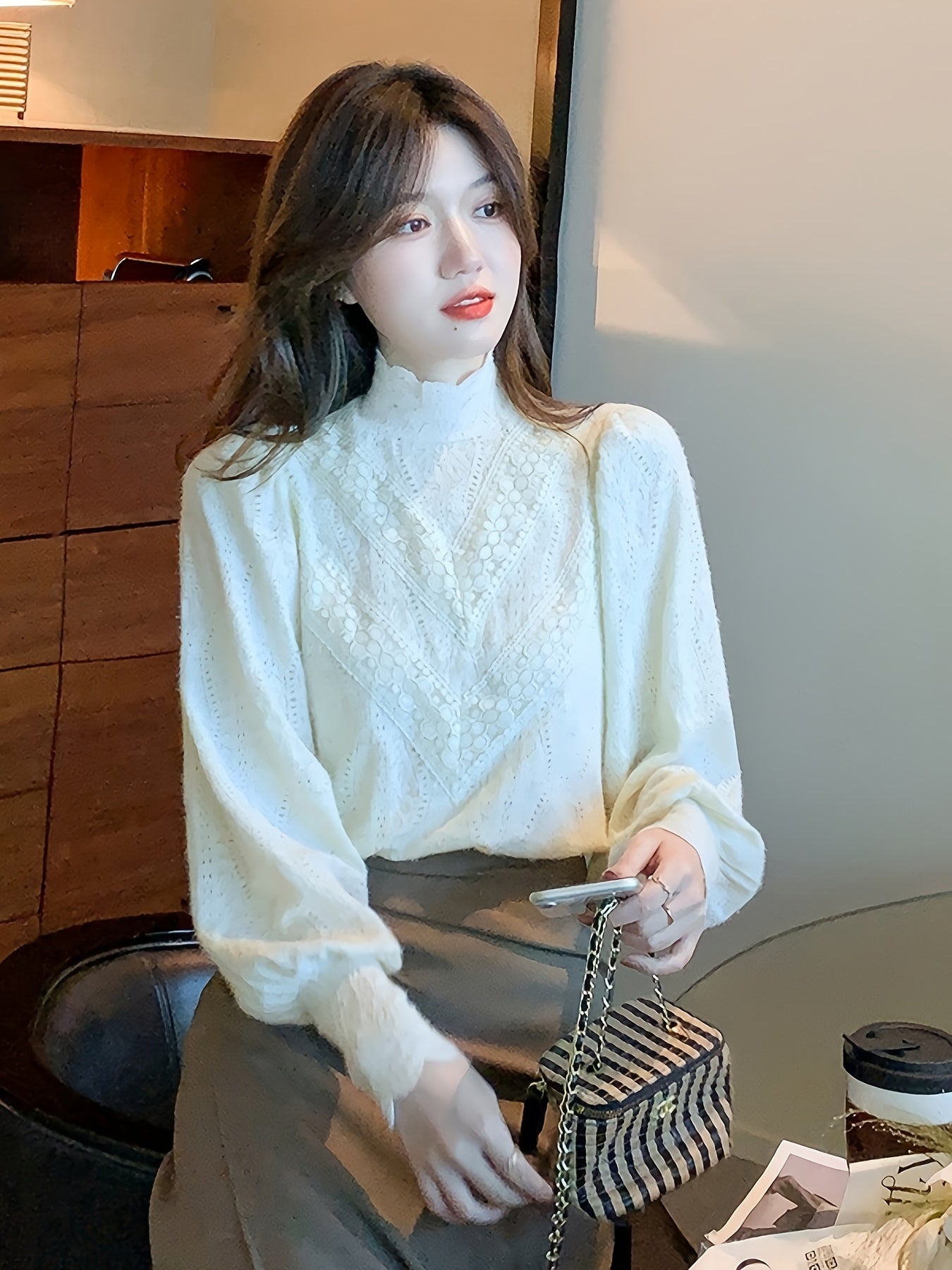 Women's Lace Blouse with Mock Turtleneck Nylon Spandex Spring Fall Casual