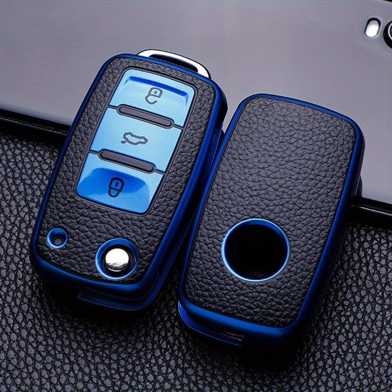 Car Key Protective Cover Leather Grain 3-Button Anti-fall Wear-Resistant