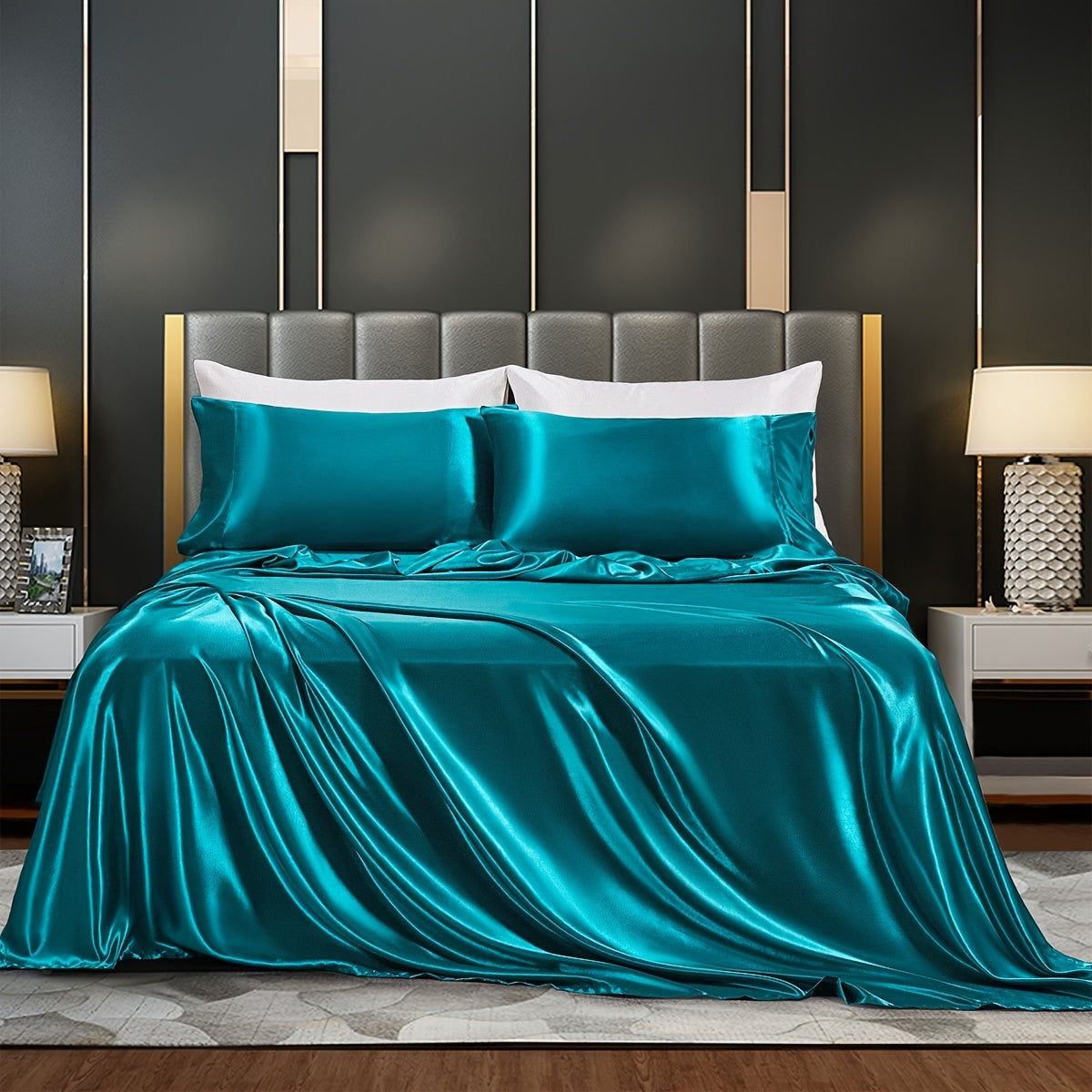 Satin Bed Sheets Set Fitted and Flat Sheets with Pillowcases for Bedroom