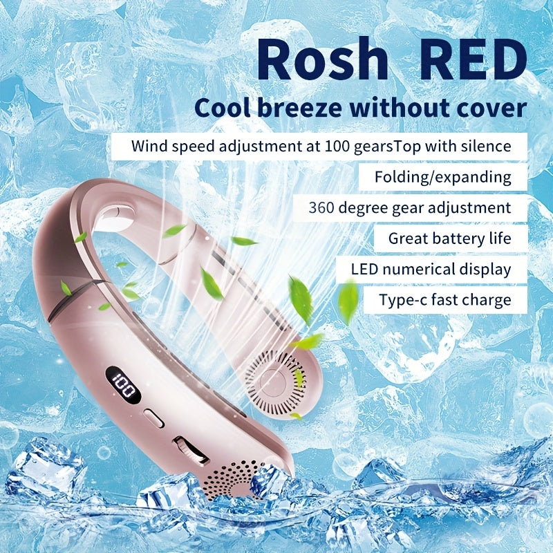 Portable USB Fan with LED Display Handheld Neck Hanging 10-Speed Rechargeable Battery for Travel Outdoor Beach