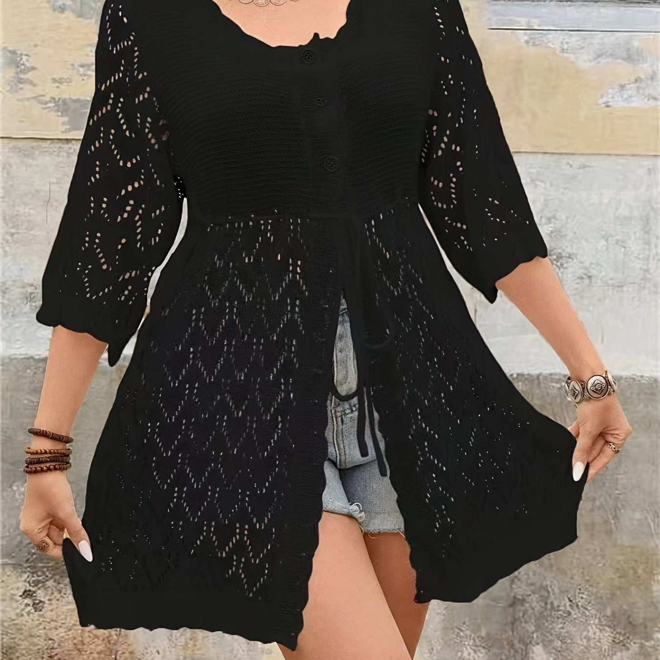 Women's Black A-Line Cardigan Summer Breathable Hollow Out Lightweight Capelet