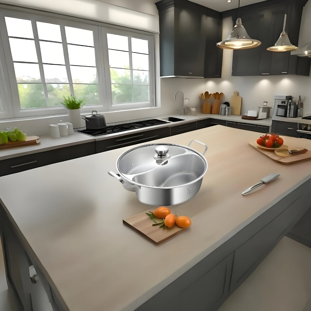 Stainless steel dual flavor hot pot with lid for gatherings induction compatible durable