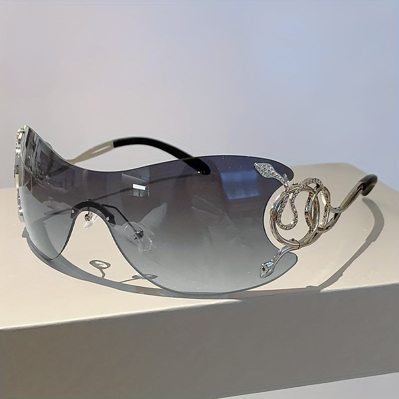 Women Y2K Style One-Piece Lens Sunglasses with Silver Snake Detail