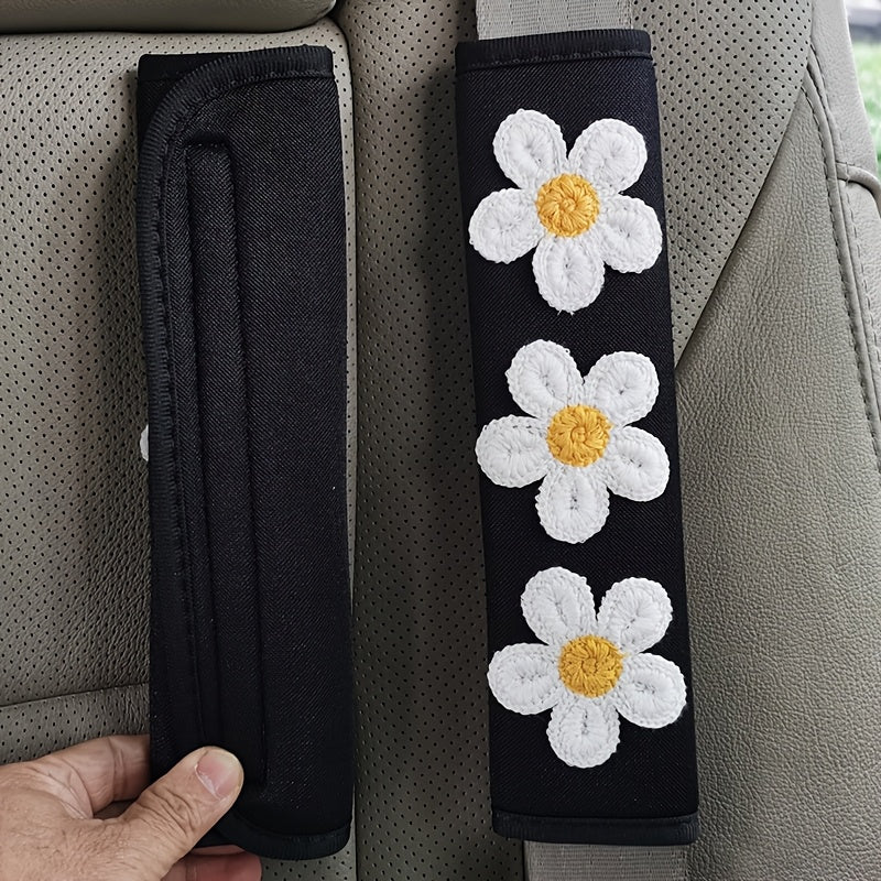 Women's Ice Slicky Fiber Flower Car Seat Belt Cover Set for Interior Decoration