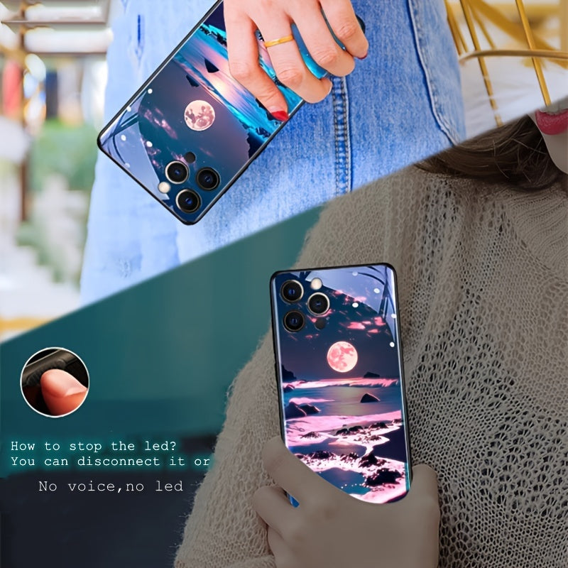 Luminous Smart Voice Control Phone Case for Samsung iPhone with Landscape Design and Tempered Glass