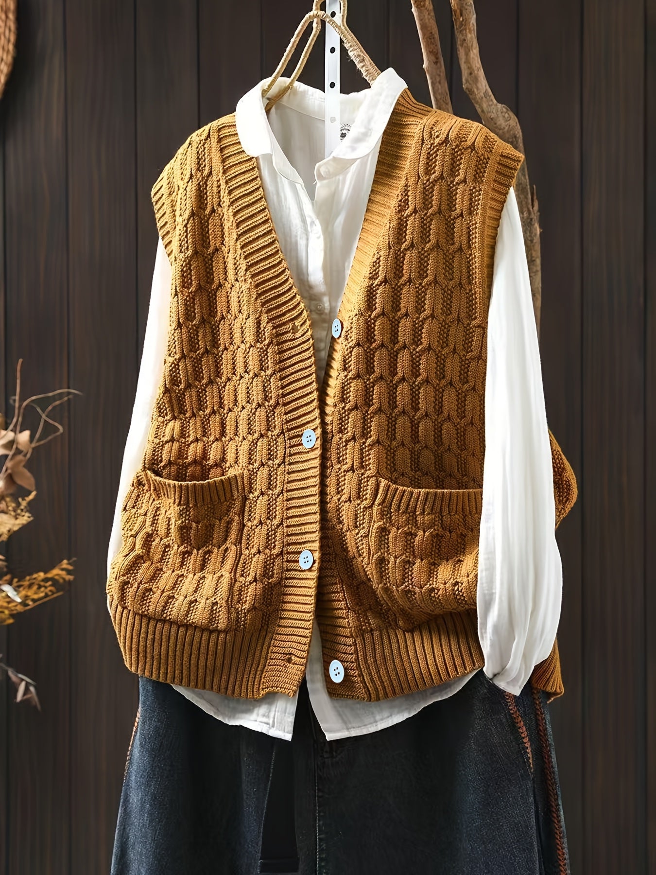 Plus Size Women's Cable Knit Cardigan Vest Open Front Stretchy Layering Piece