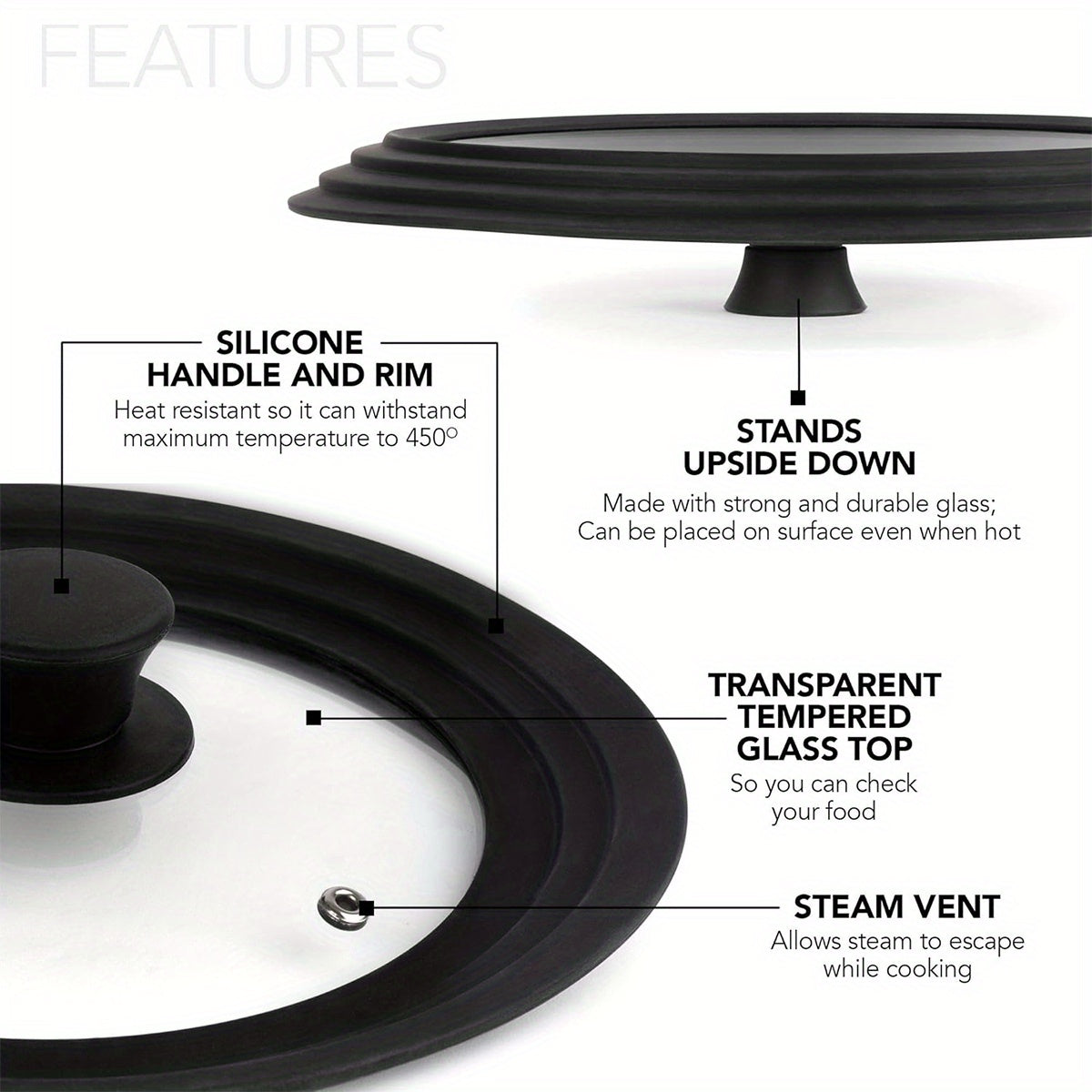 Juego de 2 tapas de silicona negra para utensilios de cocina que encajan en sartenes, ollas y cazuelas de 7 a 13 pulgadas