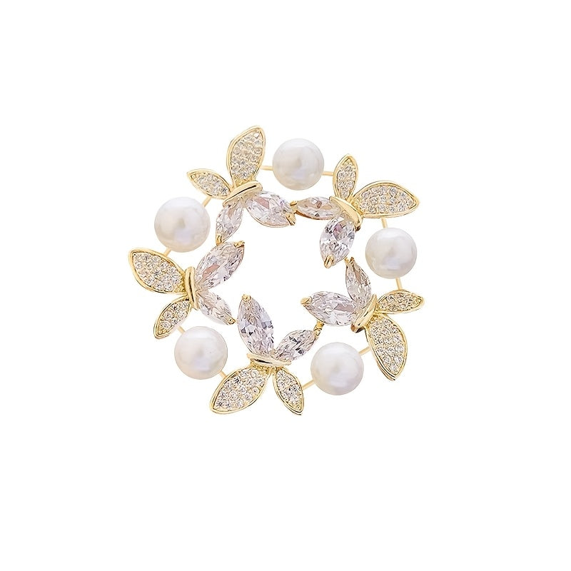 Butterfly and Floral Wreath Brooch Gold Tones Rhinestones Pearls Dress Hat Bag Accessories