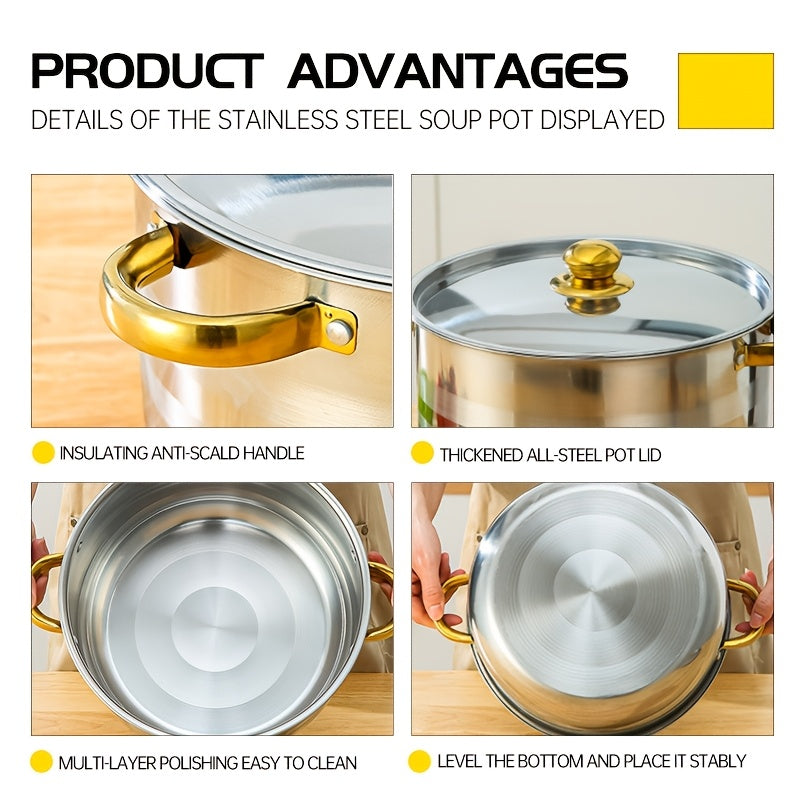 Set of 10 Stainless Steel Soup Pots with Gold Handles, Durable Cookware