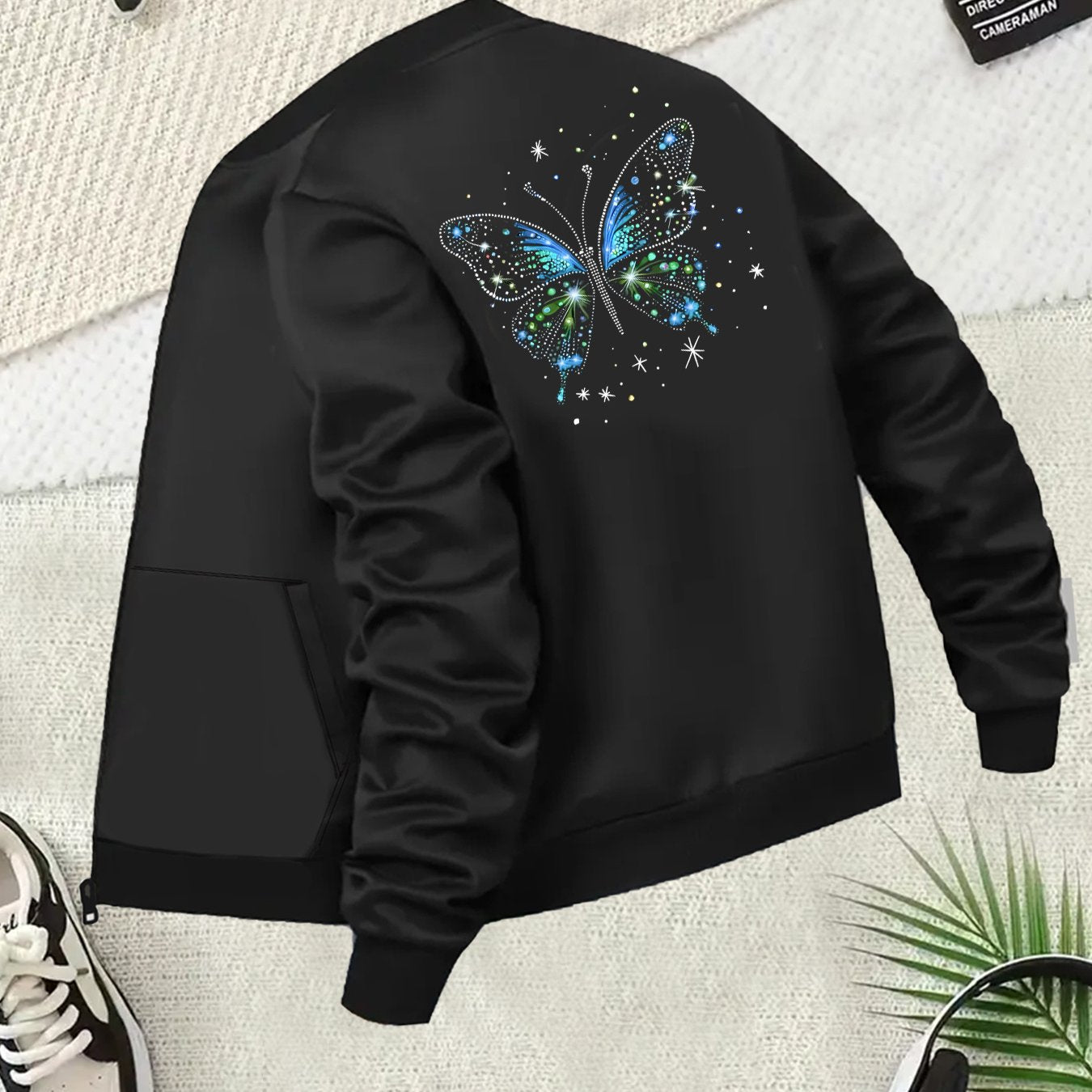 Plus Size Women's Casual Butterfly Print Zip-Up Jacket Long Sleeve Lightweight Outerwear