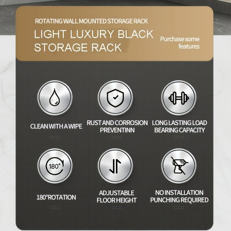 Black Rotating Kitchen Spice Rack Wall Mount Aluminum Organizer for Seasonings and Oils