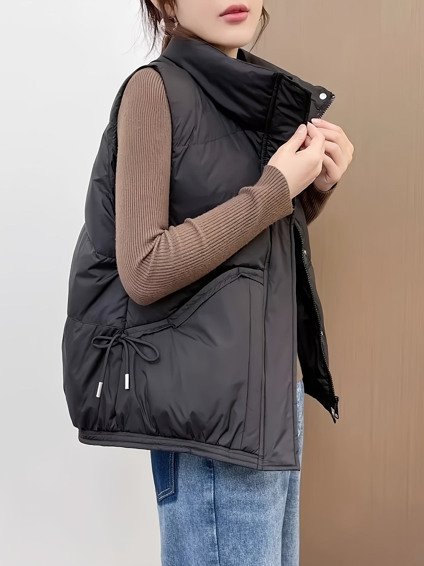 Women's Waterproof Sleeveless Puffer Vest in Solid Cream Polyester for Casual Wear