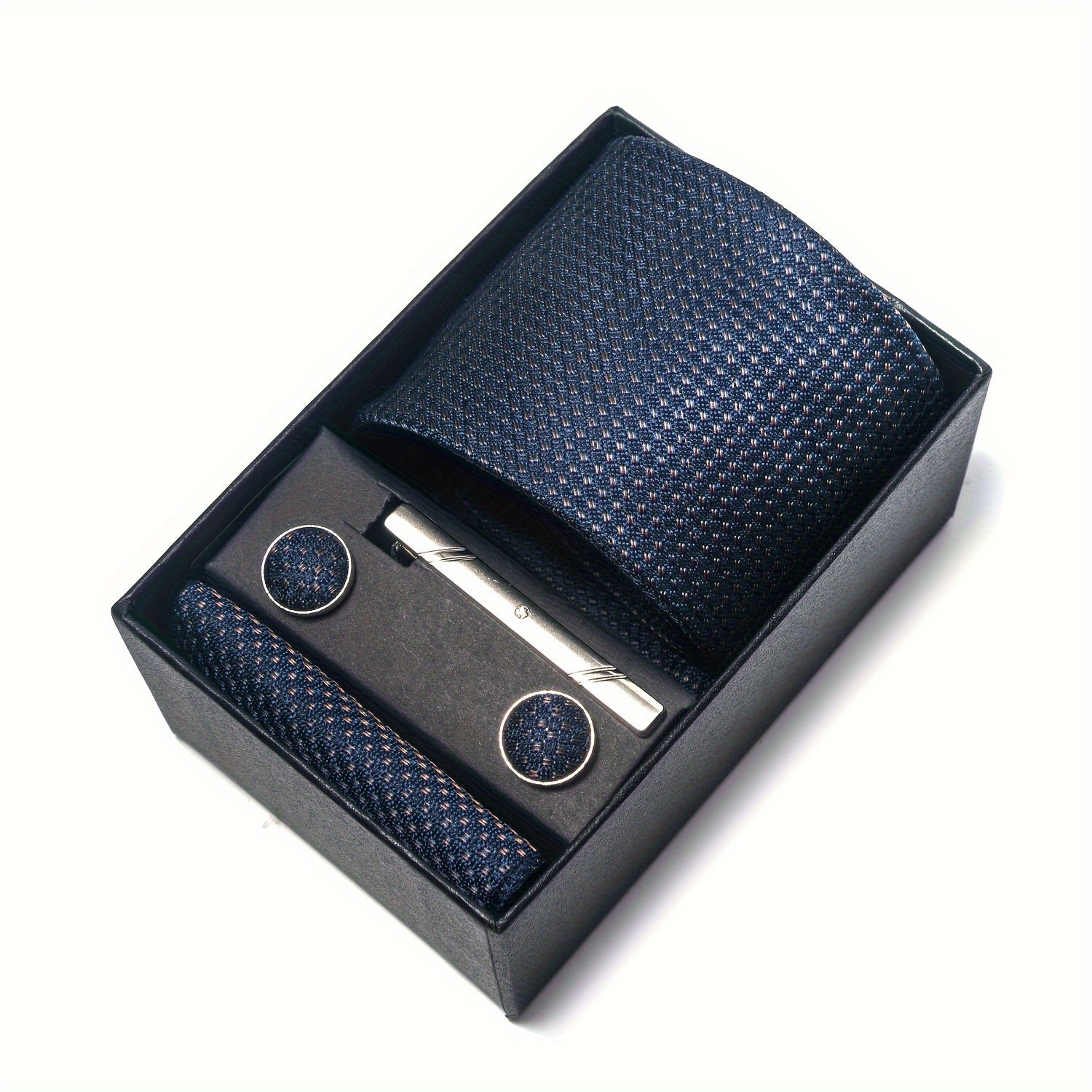 Men's Blue Tie Set with Pocket Square Cufflinks and Tie Clip for Weddings and Occasions