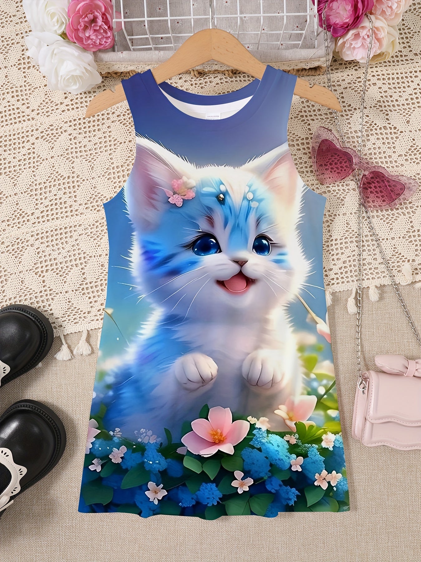 Sevimli Qizlar uchun Moviy Yengsiz Mushuk Libosi, Gullar Printi bilan, 100% Polyesterdan tayyorlangan. Yoshlar uchun tasodifiy yozgi kiyim, qulay to'qilgan.