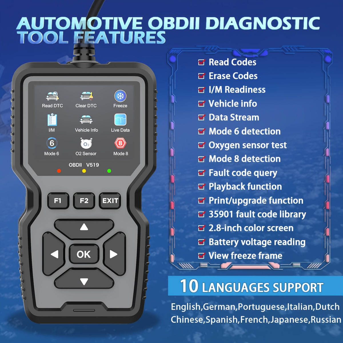 OBD2 Диагностический сканер USB для автомобиля, считыватель кодов ошибок двигателя, тестер аккумулятора, поддержка 10 языков