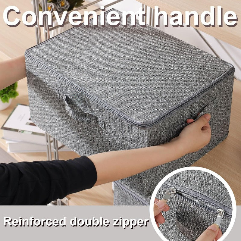 Ikkita katta sig'imli, qopqoq va tutqichlari bo'lgan egiluvchan mato saqlash qutilari kiyimlar, o'yinchoqlar va fotosuratlar uchun. Shkaf, yotoqxona va uyda foydalanish uchun ideal.