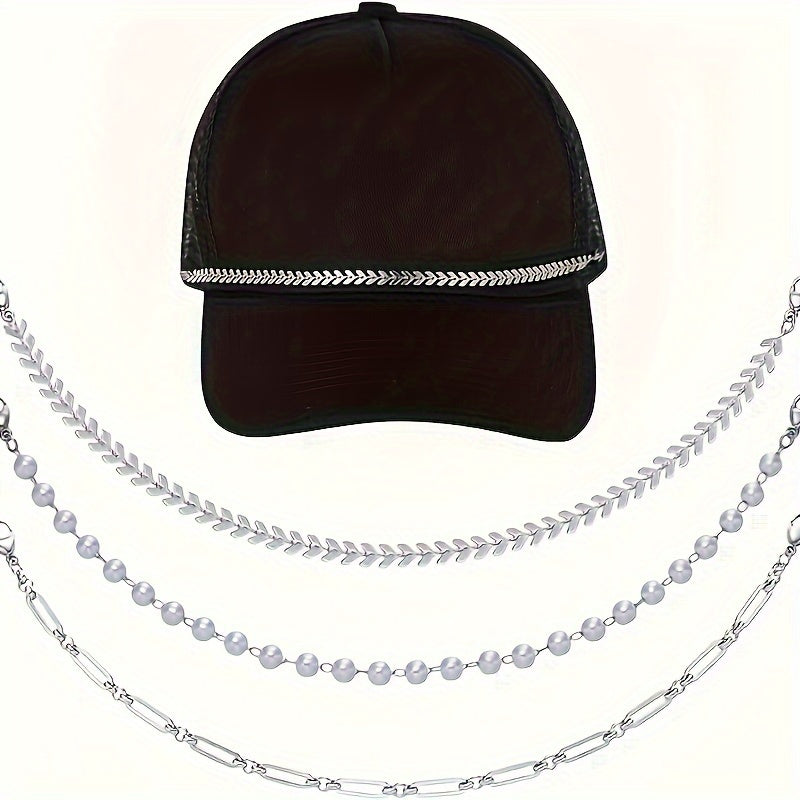 3-Piece Baseball Cap Set with Artificial Pearl Turquoise and Stainless Steel Chains for Parties and Daily Wear